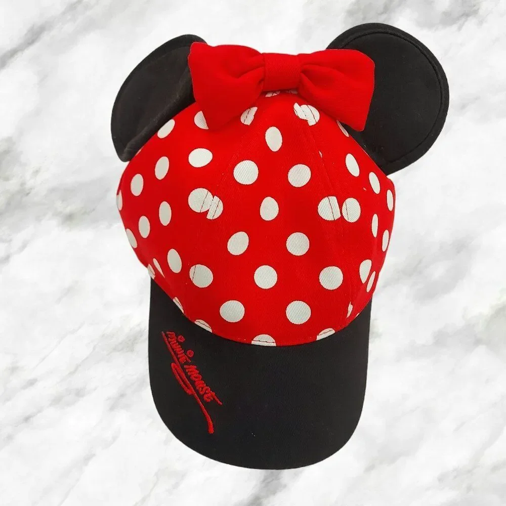 Disneyland Parks Minnie Mouse Snap Back Hat Cap Youth One Size Red Polka Dot Bow